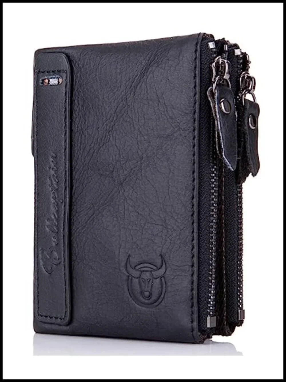 Genuine Leather Bifold Wallet with Double Zipper Pockets